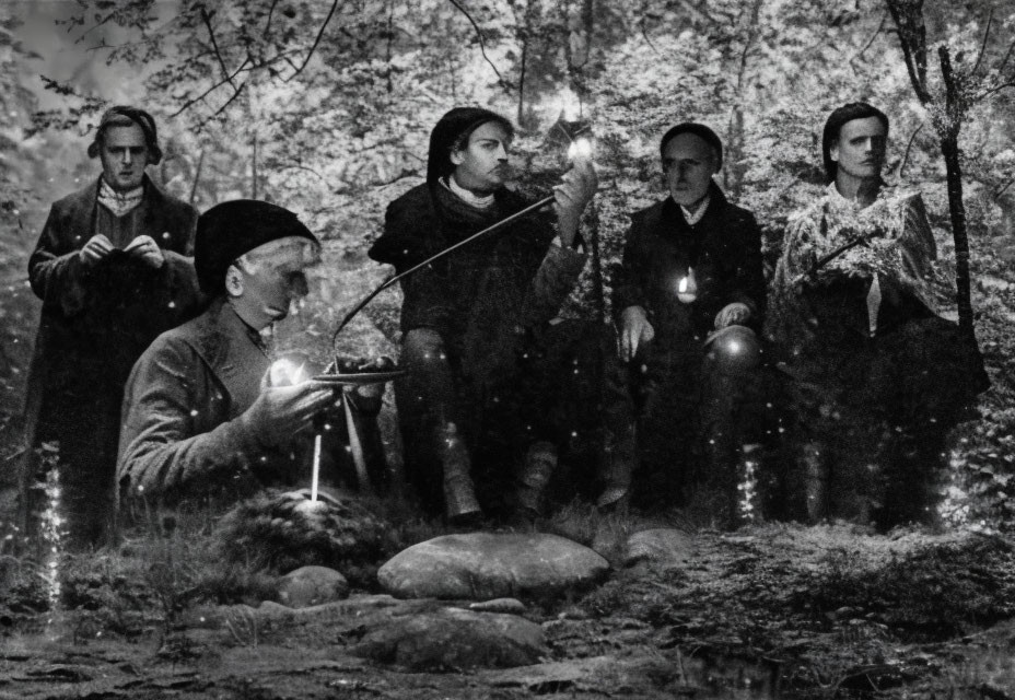 Monochrome image of people in forest at night with torches