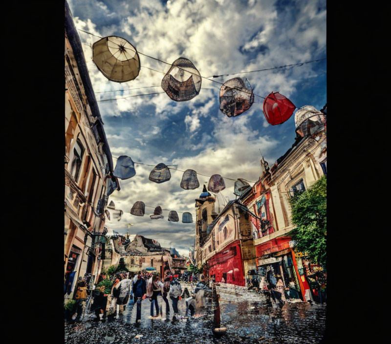 Colorful umbrellas above people on wet cobblestone street under cloudy sky.