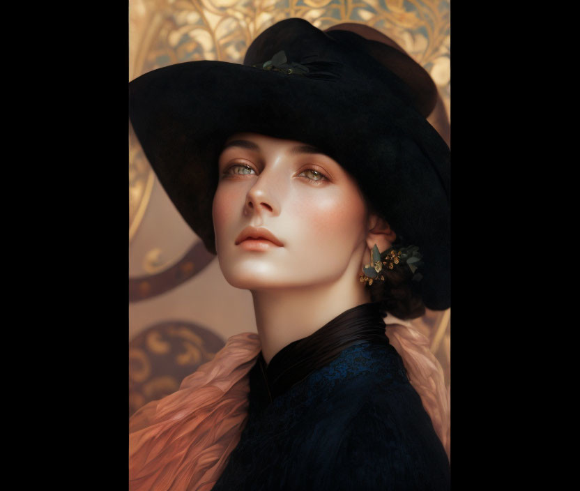 Pale-skinned woman in black hat and turtle-neck outfit against ornate background