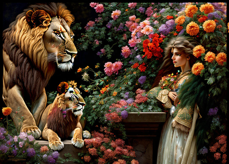 Woman in historical attire with majestic lion and lioness in vibrant flower setting