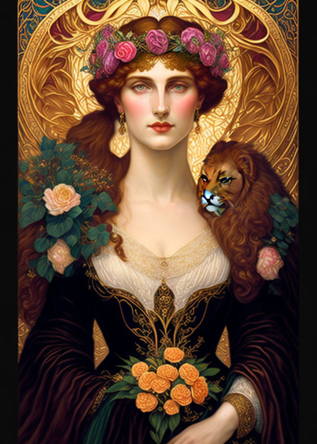 Art Nouveau Style Woman and Lion Illustration with Floral Headpiece