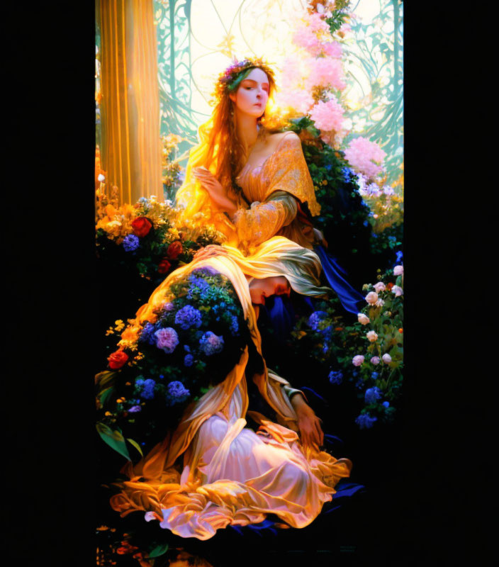 Woman in flowing yellow gown surrounded by colorful flowers in sunlight.