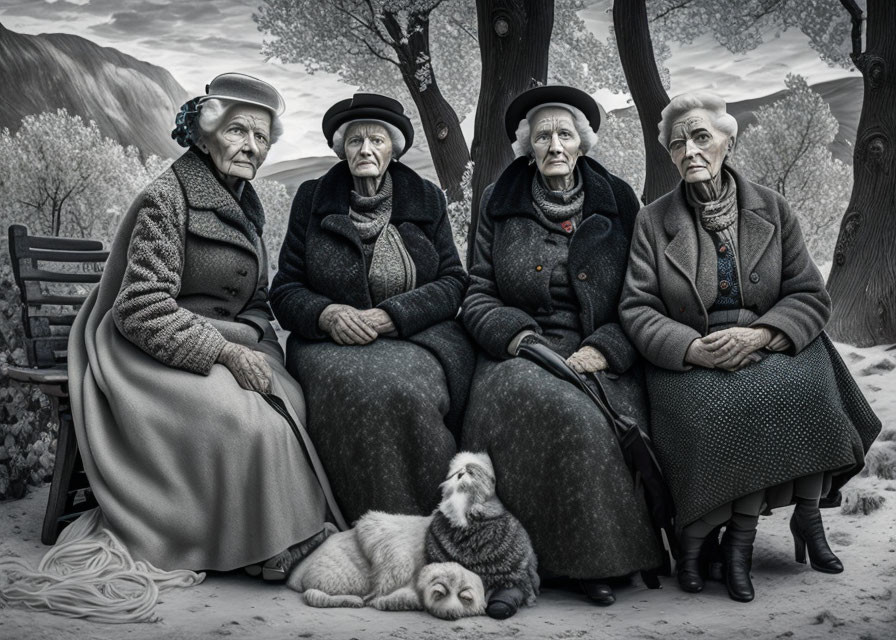 Four elderly women in winter attire with a dog on bench outdoors