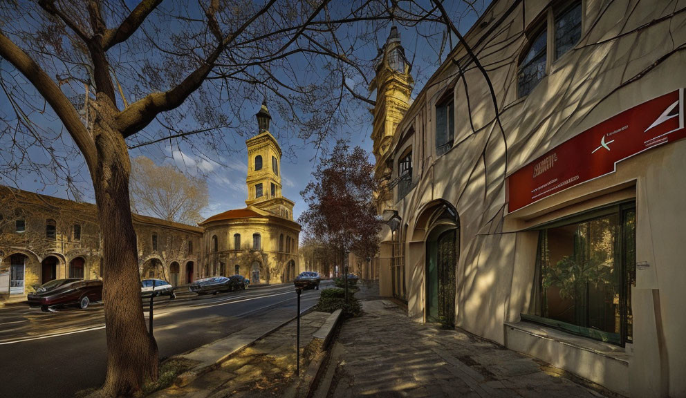 Bare trees, classical church tower, historic buildings, parked cars on peaceful street.