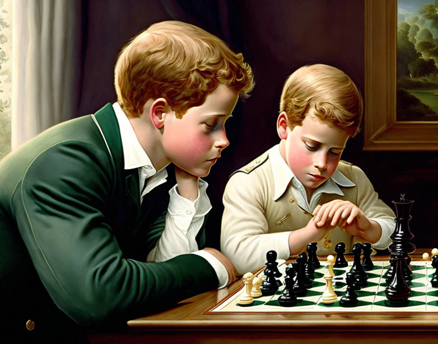 Two boys playing chess in pastoral setting