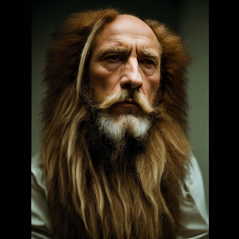 Bearded man with lion-like mane in somber pose