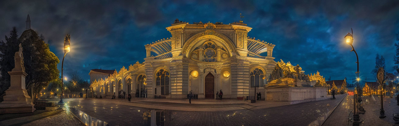 Neoclassical building with illuminated façade at night