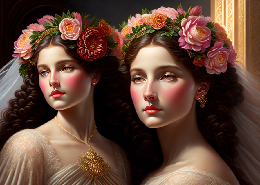 Two women in floral crowns and vintage dresses with rosy cheeks and elegant jewelry in classic romantic art