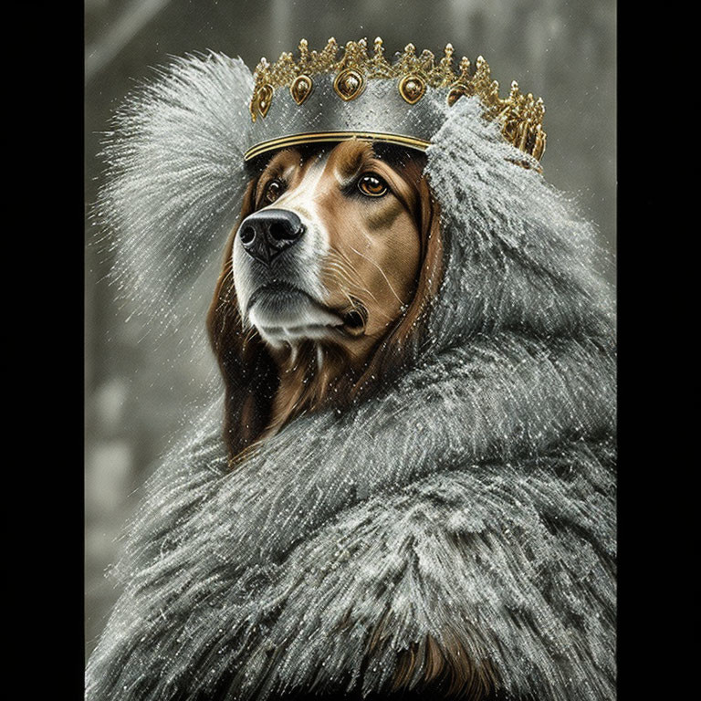 Regal dog with crown and cloak in snowfall