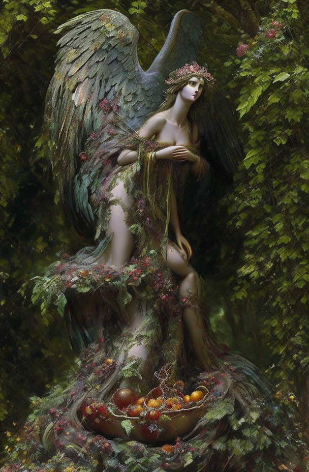 Ethereal winged being surrounded by nature and holding a bowl of fruit.