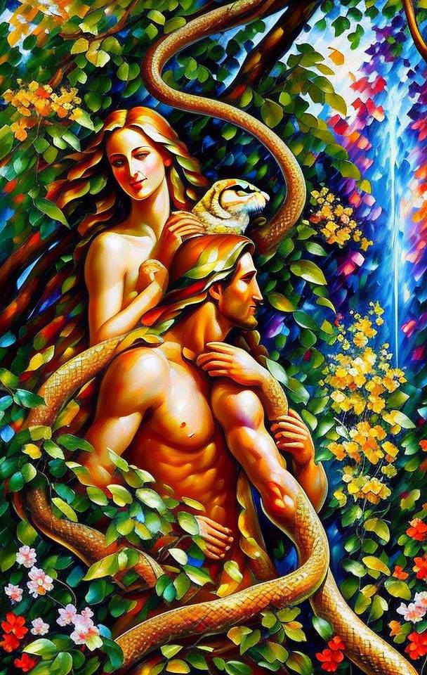 Vibrant artwork: man and woman with snake in lush setting