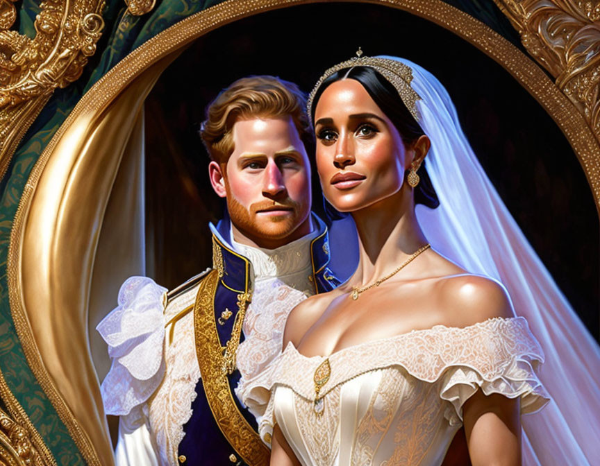 Stylized portrait of couple in royal wedding attire