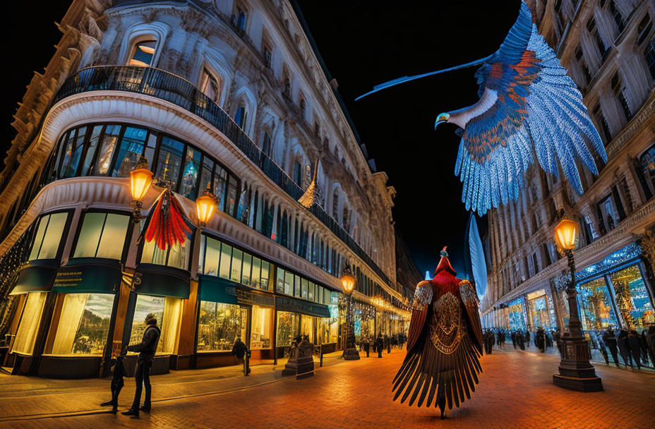 Night city street with glowing eagle sculptures, pedestrians, and elegant buildings