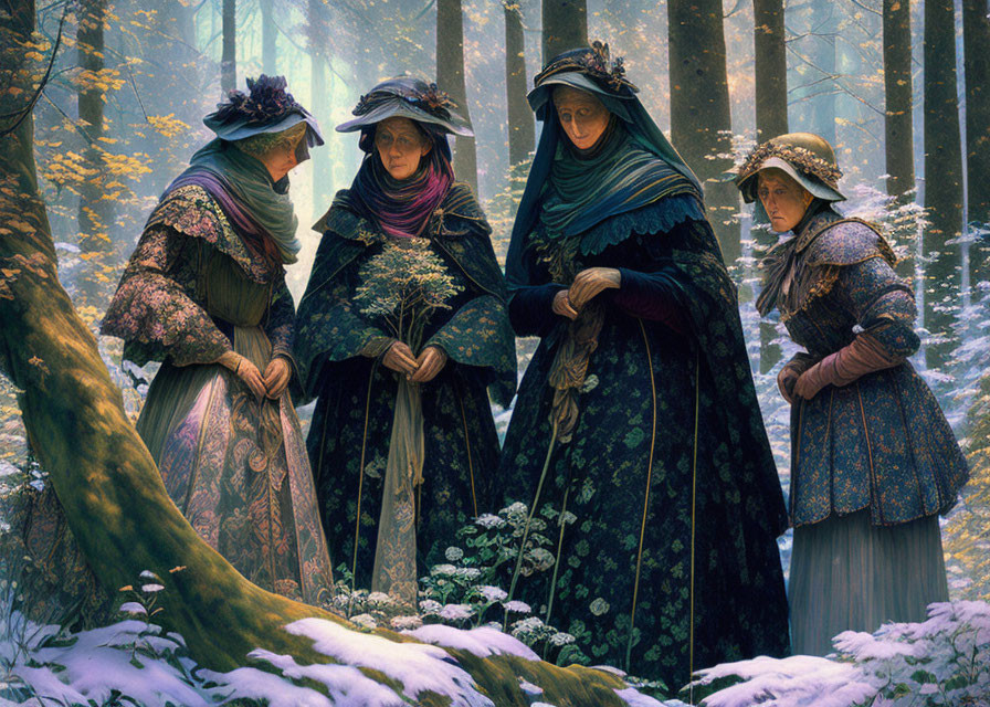 Four women in Victorian attire gathering plants in sun-dappled forest