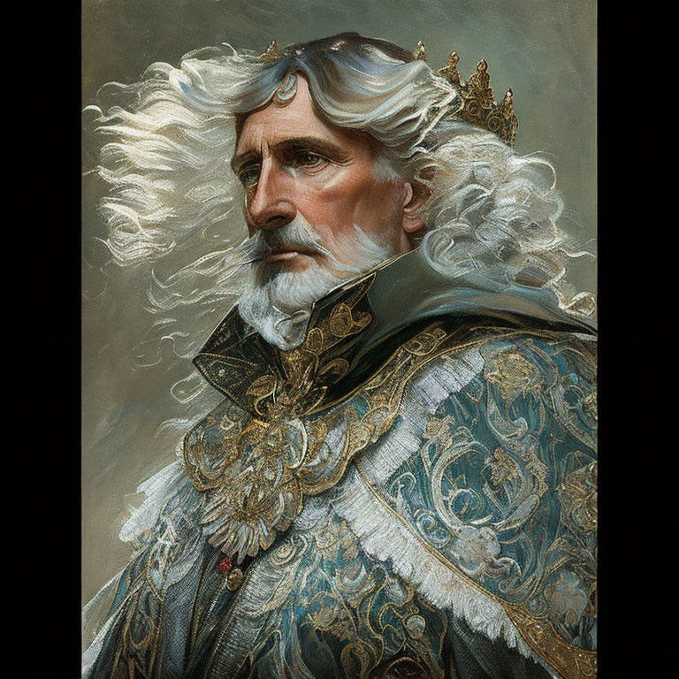 Portrait of Bearded Older Man in Royal Attire and Crown