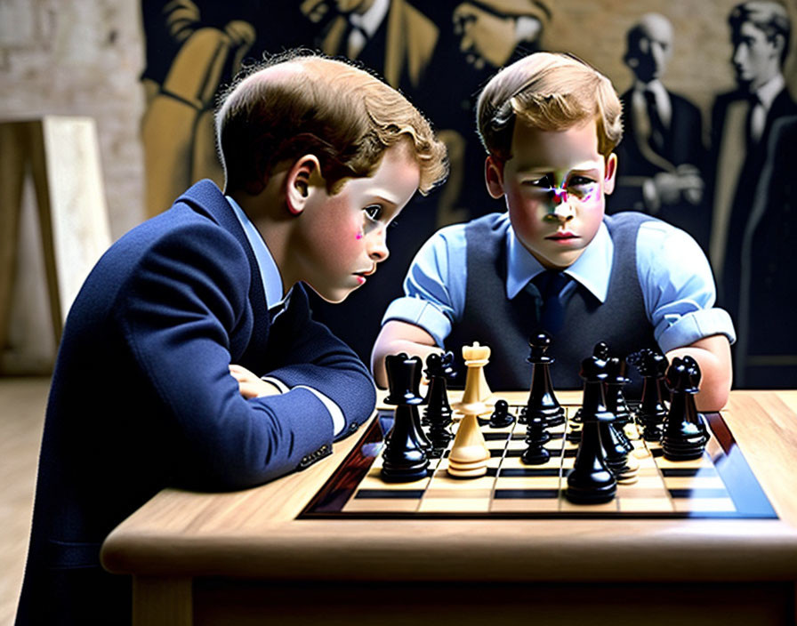 Two young boys in formal attire playing chess under dramatic lighting