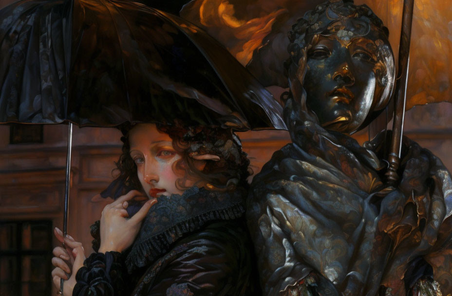 Curly-haired woman with black umbrella next to bronze statue under amber light