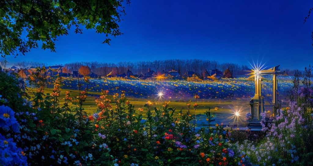 Vibrant park at dusk: blooming flowers, lit streetlamps, twilight sky