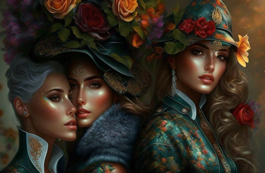 Three women in elaborate floral hats and ornate autumnal clothing embody a mystical fantasy vibe.