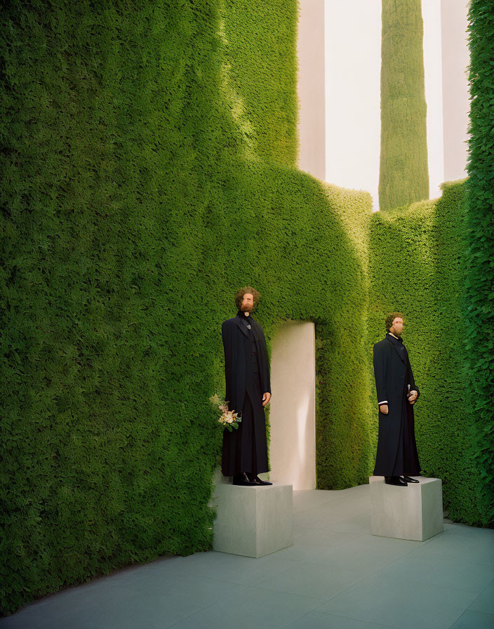 Two Figures in Black Robes on Pedestals Amidst Green Hedges