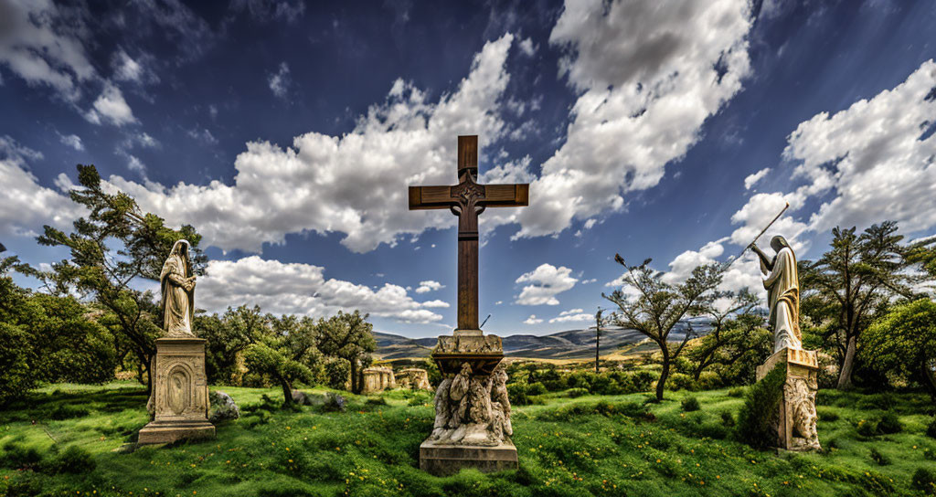 Large Cross Between Two Statues in Dramatic Sky Landscape