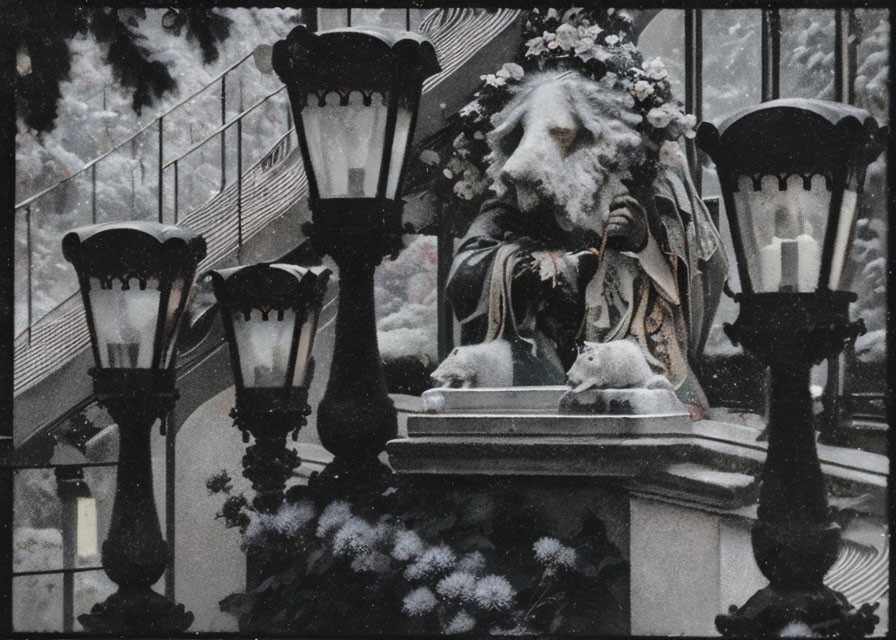 Elderly figure with floral crown in contemplation by snowy banister with lamps and animal statue