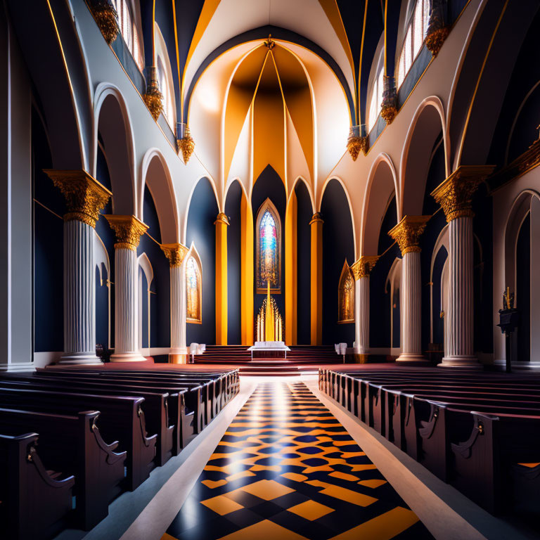 Church interior with high arches, patterned floor, and stained glass window.