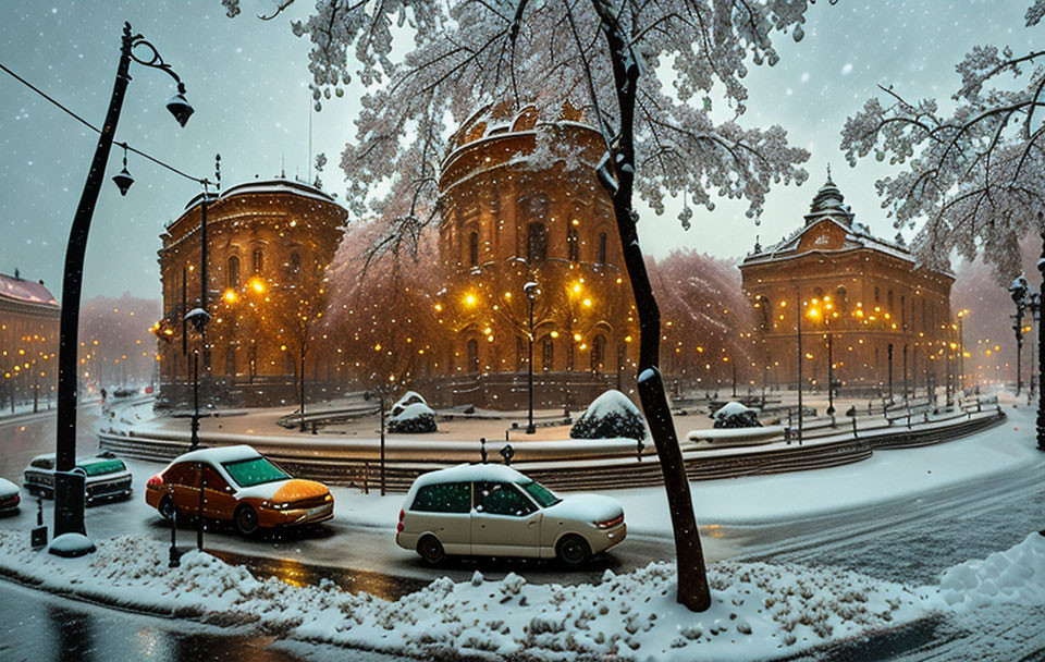 Snow-covered streets and historical buildings on a tranquil winter evening