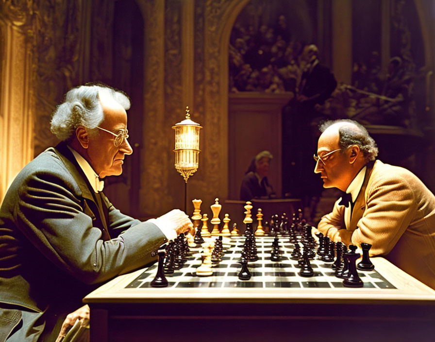 Intense chess match in ornate classical room