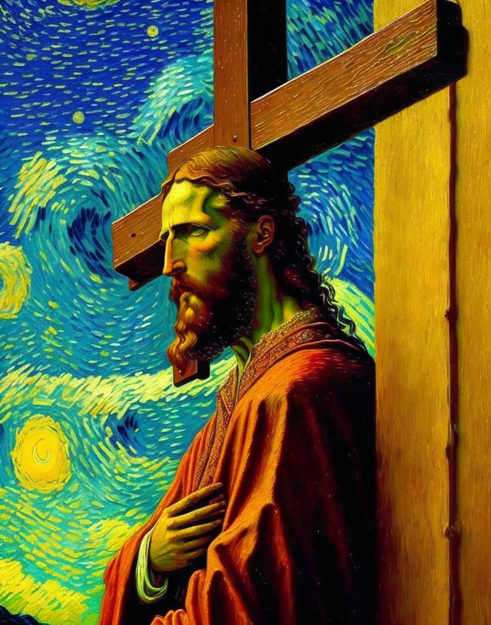 Figure with Halo and Cross in Starry Night Sky - Post-Impressionist Painting