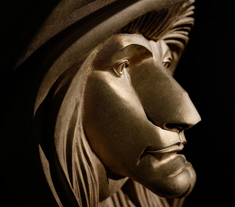 Detailed Golden Lion Sculpture with Majestic Mane and Contemplative Expression