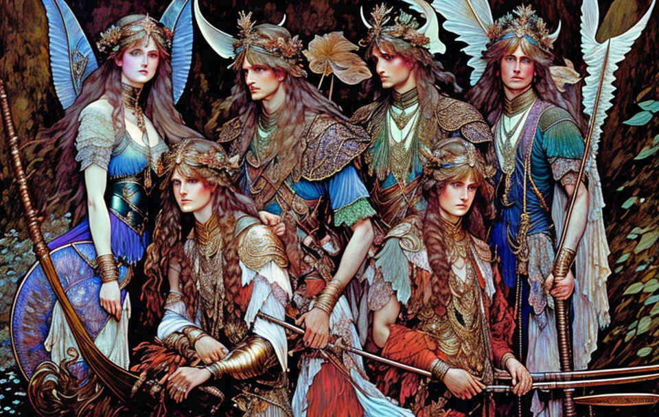 Seven ethereal beings with ornate wings and regal attire in mystical forest setting