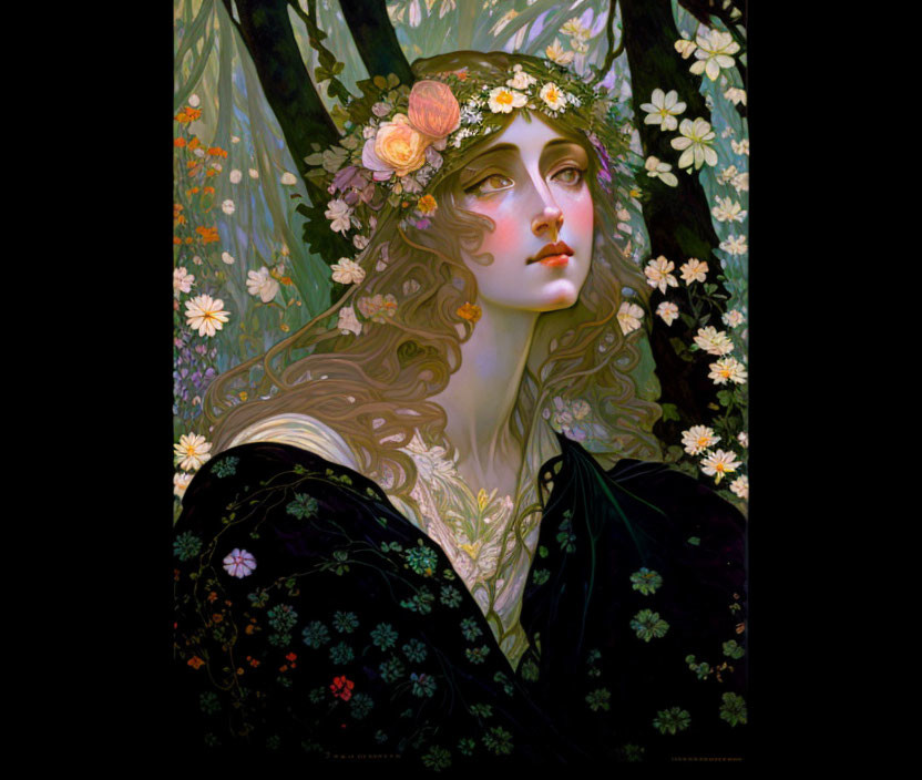 Stylized portrait of woman with floral headwear and lush botanical backdrop