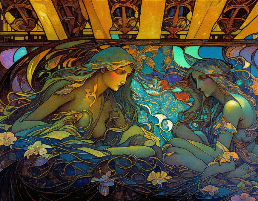 Ethereal female figures in Art Nouveau style with flowing hair and robes