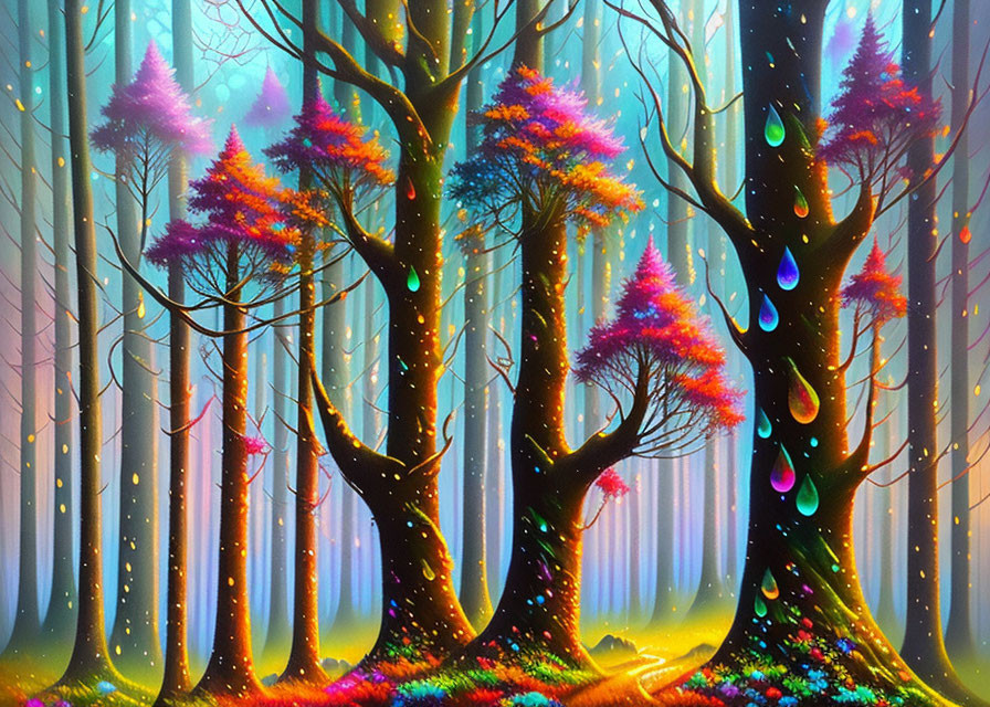 Colorful illuminated forest with glowing trees and ethereal light.