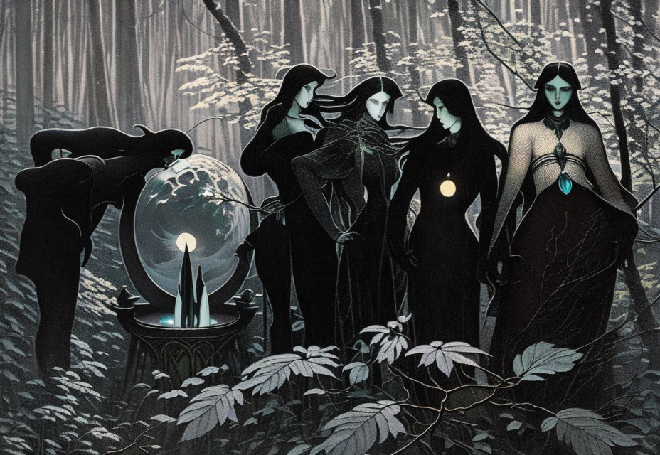 Stylized mystical women in dark enchanted forest with glowing orb and candle