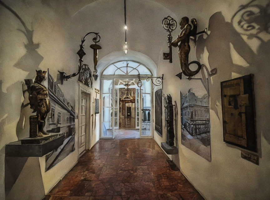 Sculptures and paintings in atmospheric hallway with shadow patterns leading to bright archway