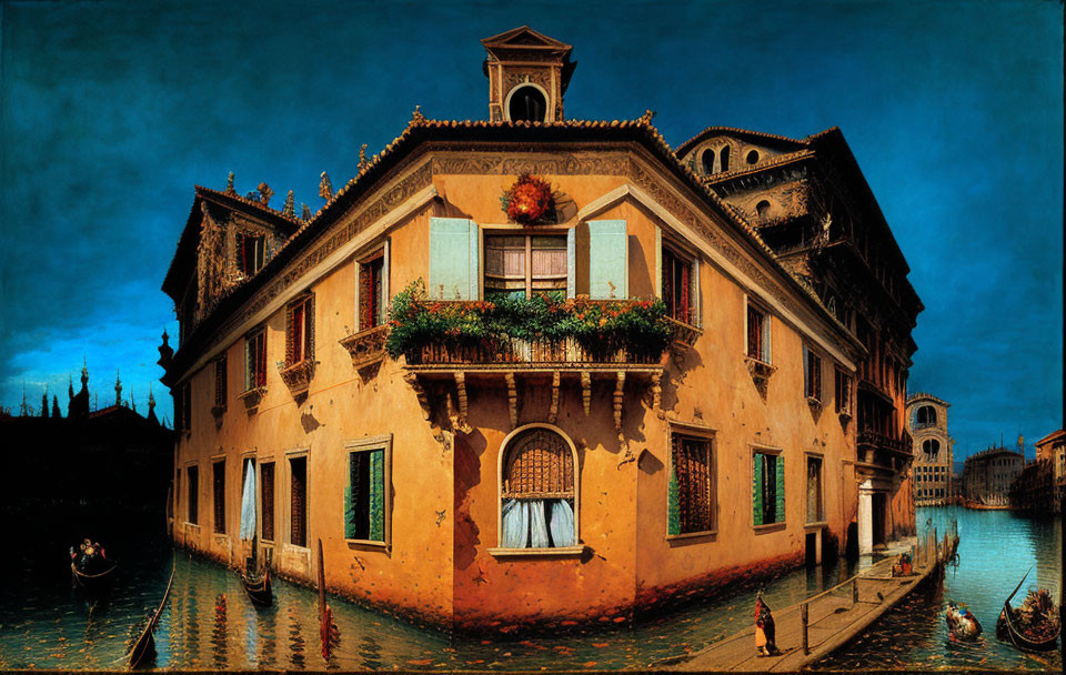 Vibrant painting: Grand Venetian house, gondolas, pedestrians on canal corner