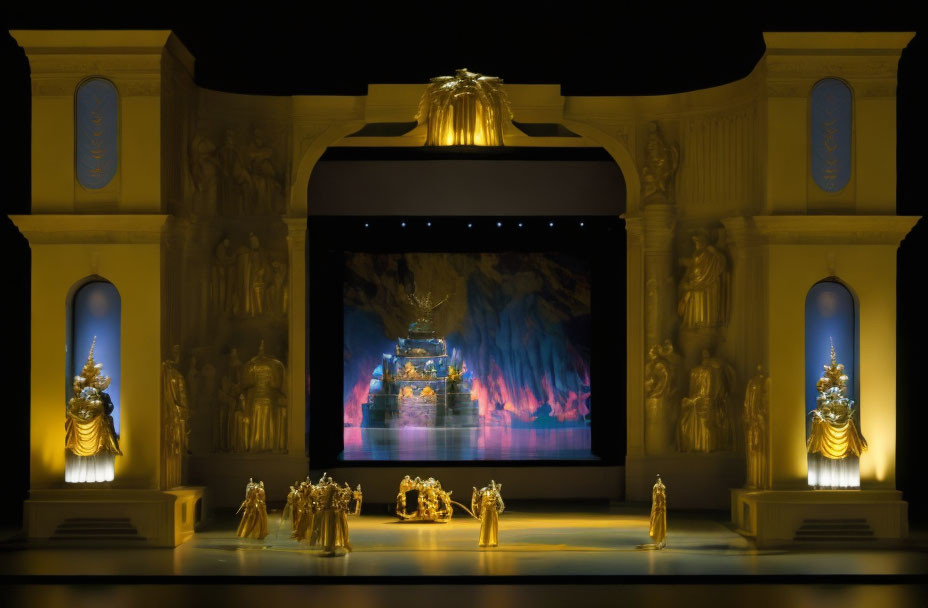 Opulent theater stage with golden statues and royal play scene under dramatic blue lighting