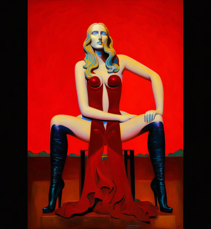 Stylized painting of a woman in red bodice and black boots