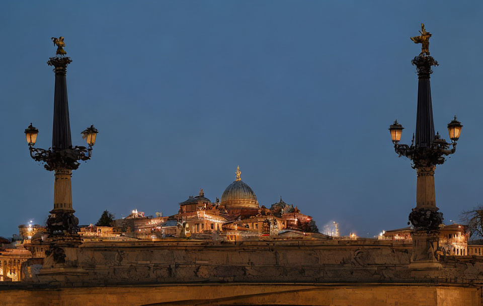 Ornate Bridge with Sculptures Overlooking Historical Dome