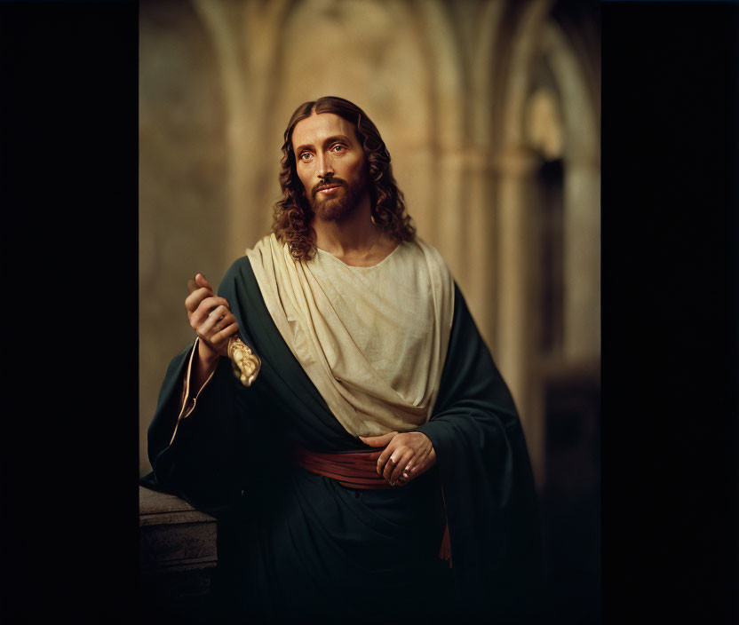 Traditional attire Jesus with serene expression in cathedral setting holding golden object