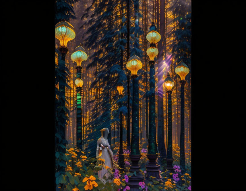 Person in white cloak in mystical forest with tall trees and colorful flowers lit by glowing lanterns