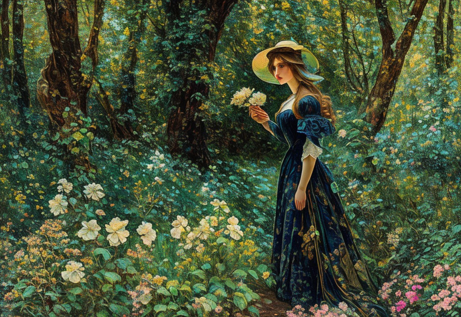 Woman in vintage blue dress and hat with white flower in lush green forest.