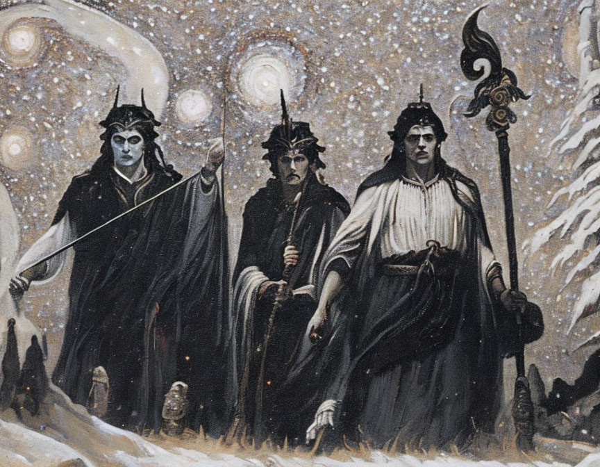 Fantasy characters in cloaks under starry sky with sword, staff, and scepter.