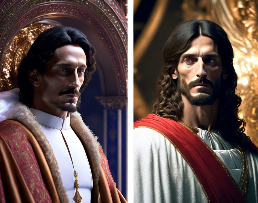 Digital portraits of stern and serene men in royal and white attire with halo effects.