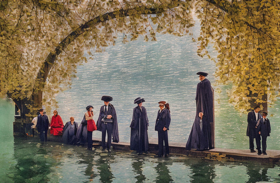 Vintage attired group under willow tree by tranquil lake with stilt walkers in golden light