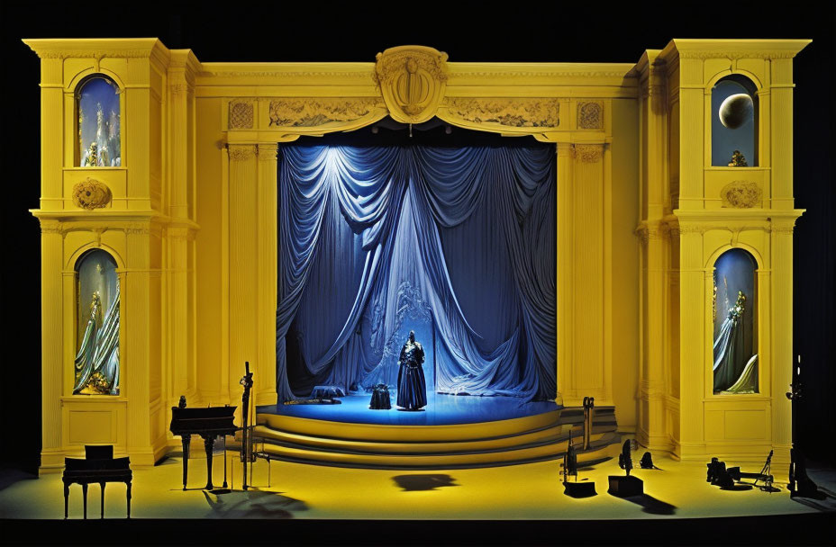 Person on Ornate Stage Surrounded by Columns and Display Cases