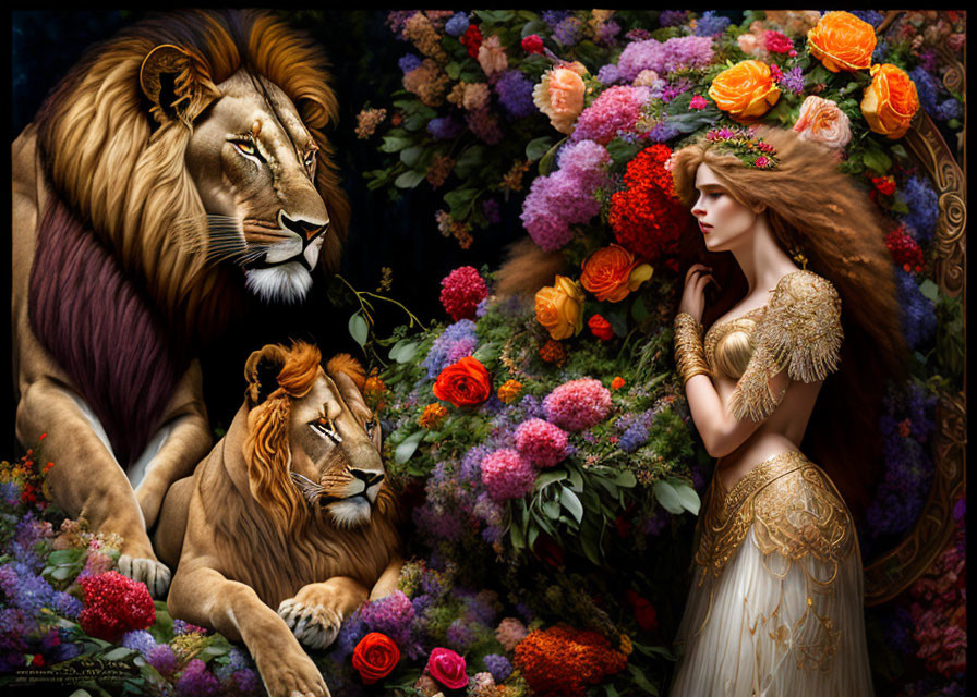 Woman in ornate attire with lions amidst vibrant flowers