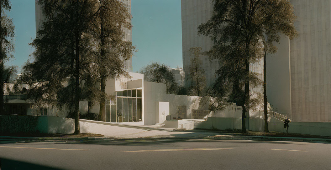 Modern white building with glass windows in urban setting on sunny day